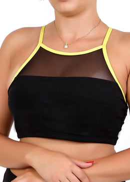 Top Fitness Viés Colorido Com Tule Sem Bojo Top Fitness viés colorido com tule sem bojo.Produzido com qualidade.Compre com quem entende de moda fitness. Composição: 91% Poliéster / 9% Elastano