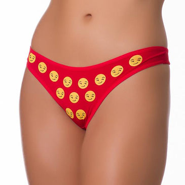 Tanga Fio com Emoticons | Zap 1345 *Tanga Fio Dental *Sem elástico no bumbum *Com estampas de emoticons *Forro em algodão A modelo veste tamanho M e cor Vermelha ATENÇÃO: As estampas...