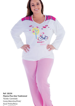 Pijama Feminino Plus Size de Inverno | 18124 Pijama Feminino Plus Size de Manga Longa com detalhe colorido nos ombros.Confeccionado em Malha Canelada de Algodão, tecido macio e bem quentinho para aquelas noites mais frias.Calça com...