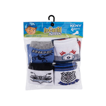 Meia Infantil MeninO M e G - Kit com 4 Pares A Meia Infantil Keny veste os pés das crianças com carinho.63% Algodão, 31% Poliamida, 2 % Elastodieno, 2% Elastano, 2 % Outras Fibras, Menino, Estampas...