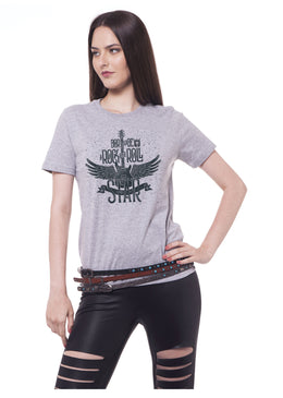 T-Shirt Feminina Escrita Born to be,com Caimento Reto e Gola Careca.-INFORMAÇÕES: Modelo: 4082TShirtFemCinzaComposição: 100% AlgodãoLavagem: lavar a mão ou máquina, não alvejar, não secar em tambor,... 