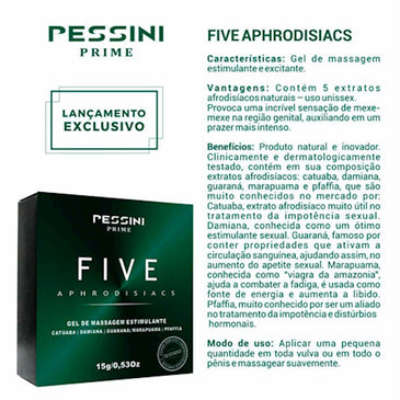 FIVE APHRODISIACS - 15 características : Gel de massagem estimulante e exitante Vantagens : Contem 5 extratos afrodisíacos naturais - uso UNISSEX . provoca uma incrível sensação de... 
