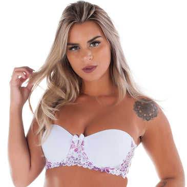 Sutiã Tomara que caia com Palas em Renda Modelo com bojo casquinha (sem enchimento), com palas em renda estampada. Possui quatro tiras nas costas com regulagem,... 