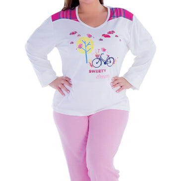 Pijama Feminino Plus Size de Manga Longa com detalhe colorido nos ombros.Confeccionado em Malha Canelada de Algodão, tecido macio e bem quentinho para aquelas noites mais frias.Calça com... 