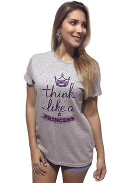 T-Shirt Feminina Escrita Think Like a Pricess ,com Caimento Reto e Gola Careca.-INFORMAÇÕES: Modelo: 4103TShirtFemCinzaComposição: 100% AlgodãoLavagem: lavar a mão ou máquina, não alvejar, não secar... 