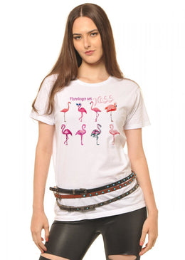 T-Shirt Feminina Flamingo Set com Caimento Reto e Gola Careca.-INFORMAÇÕES: Modelo: 6398TshirtFemBrancComposição: 100% AlgodãoLavagem: lavar a mão ou máquina, não alvejar, não secar em tambor, não... 