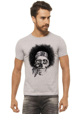 Camiseta Cinza Mescla Estampada Masculina Joss - Caveira Black Power, caimento reto e solto.- INFORMAÇÕES: Modelo: 4308 - Cor: CINZA-MESCLA - Composição: 100 % Algodão... 