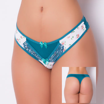 o produto Tanga Fio Estampada com Renda >Confeccionada em Poliamida >Fio dental >Com estampas na parte frontal>Detalhe em renda >Dois Lacinhos no centro >Forro em algodão Tamanhos Aproximados M veste até o... 