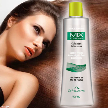 CONDICIONADOR LINHA MIX 17 ERVAS SOFISTICATTO FORTALEÇA SEUS CABELOS COM 17 EXTRATOS VEGETAIS CHEGA DE FIOS QUEBRADIÇOS E OPACOS Promove verdadeiro tratamento da raiz às pontas. A presença... 