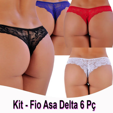 Kit Tanga Fio Asa Delta em Renda 6 Pç. Para elevar todos seus sentidos, sensual e provocante, de asas a sua vida, toda confeccionada em... 